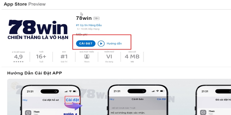 Thiết lập ứng dụng 78Win trên iphone