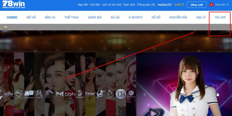 Chọn tải app tại trang chủ 78Win 